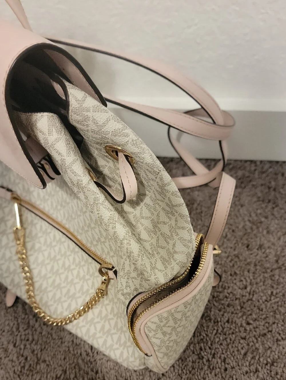 Michael Kors Cream MK Logo Backpack with Soft Pink Trim